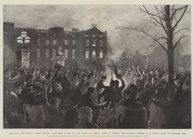 ¡Dios salve a la Reina! Escena fuera del Palacio de Buckingham en la noche del viernes 9 de marzo, cantando el himno nacional a una señal dada por fuego coloreado de Henry Charles Seppings Wright